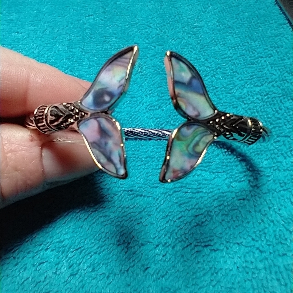 Silvertone twisted mermaid tail cuff adjustable fish animal abalone bracelet